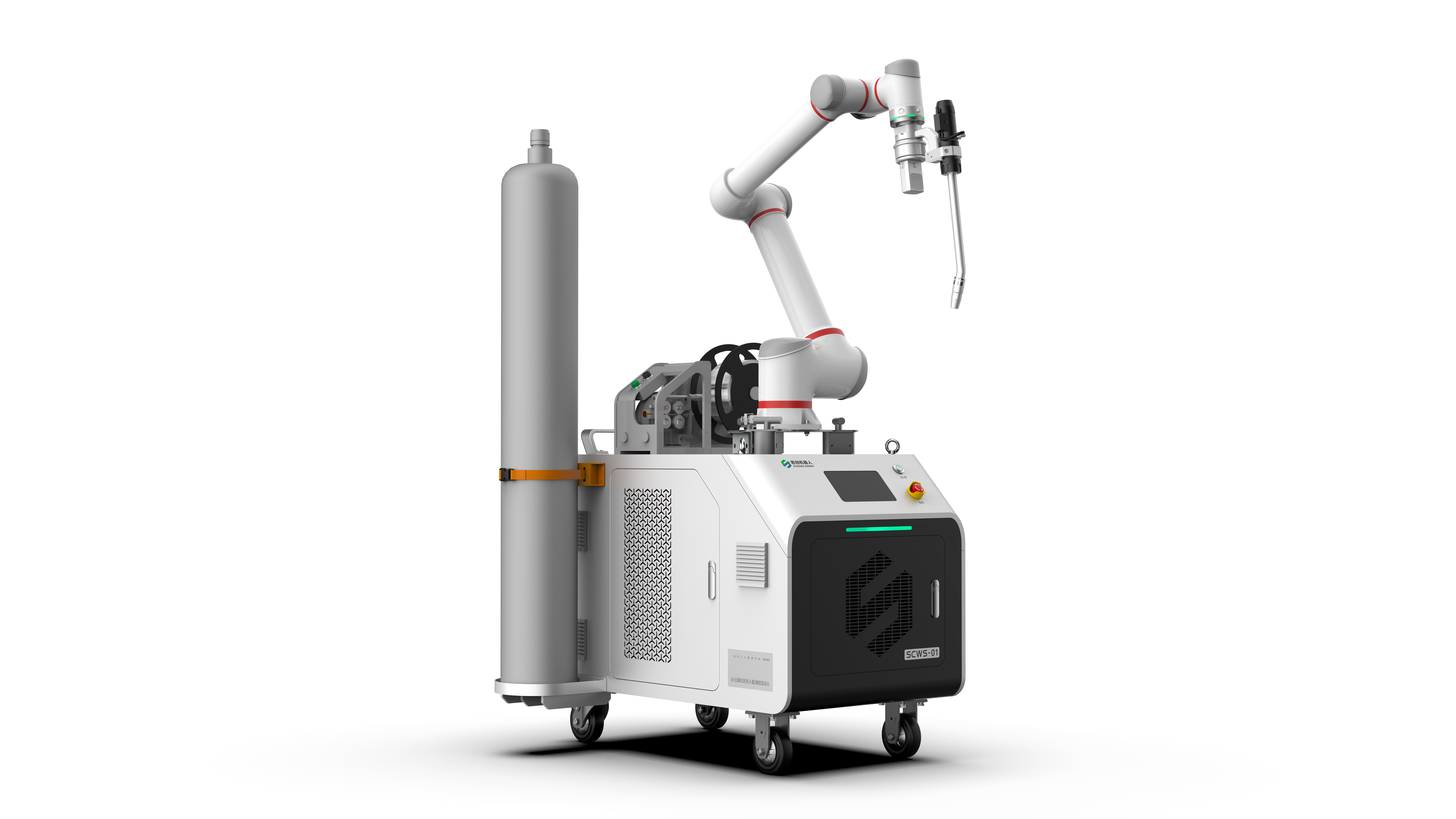 DUCO GCR-series collaborative robot arm on a mobile welding cell